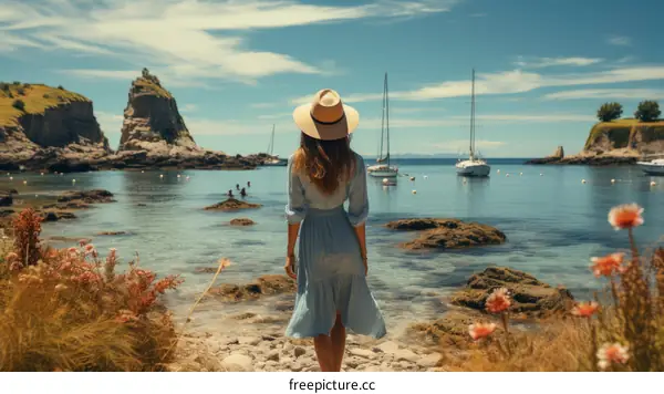 Lady in a straw hat standing on the beach and looking at the sea