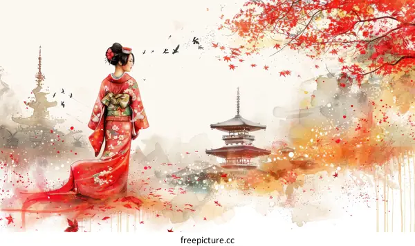 A woman in a red kimono standing in a field of red maple leaves with a pagoda in the background