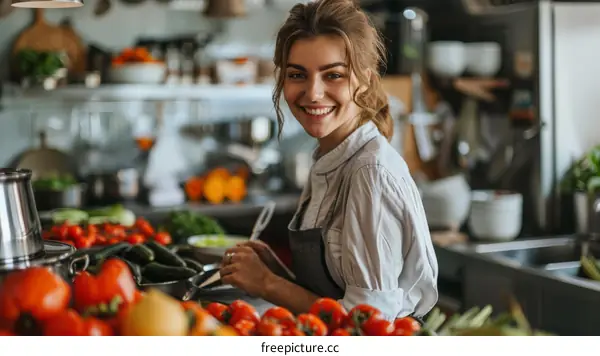 Portrait of a happy female chef in a commercial kitchen