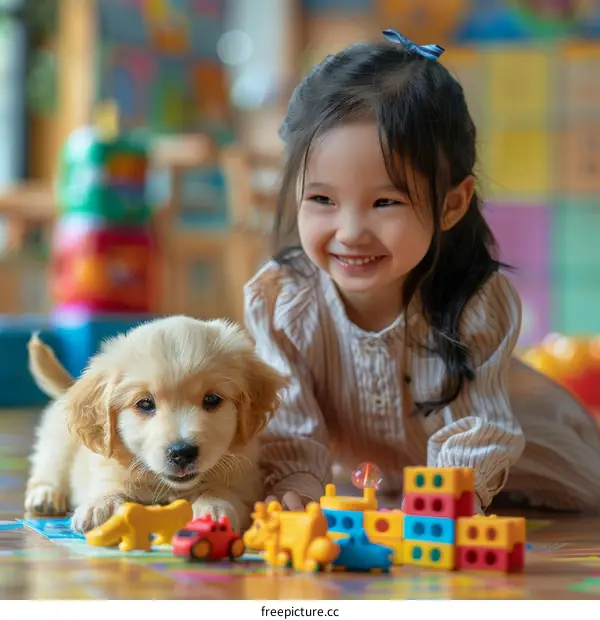 Asian little girl playing with a golden retriever puppy