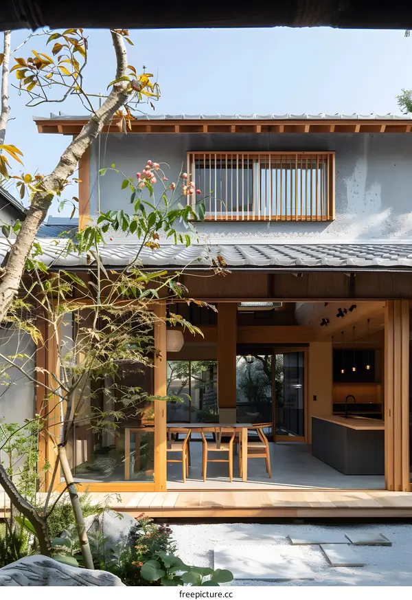 Modern Japanese House with Wooden Patio and Garden