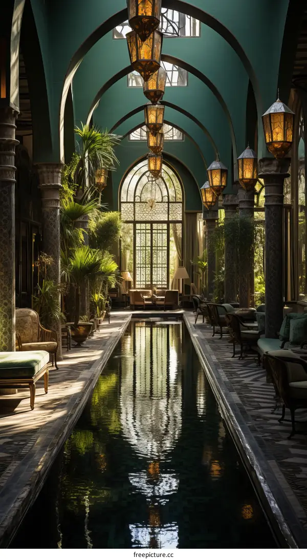 Indoor reflecting pool with columns and lanterns in Middle Eastern style