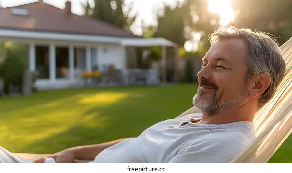 Relaxing Man in Hammock in Backyard