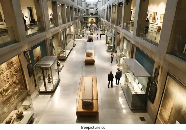Museum Hallway with Exhibits and Visitors