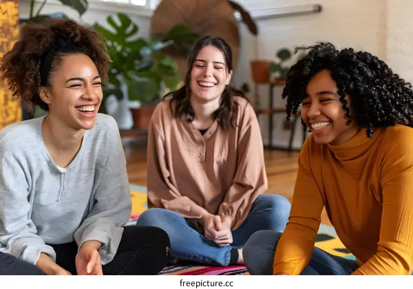 Group of Diverse Young Women Sitting on a Rug and Laughing