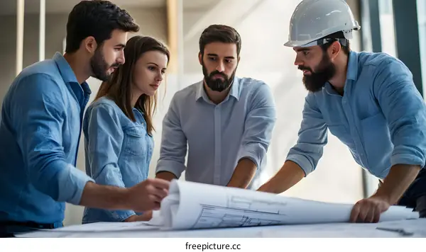 Team of Architects and Engineers Collaborating on a Blueprint