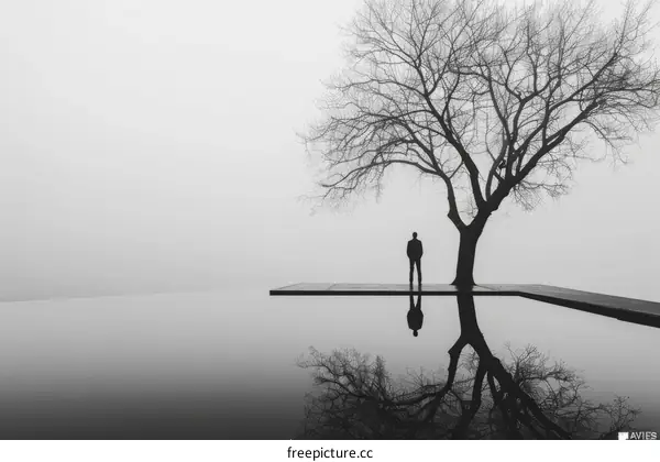 Man standing alone on a pier in the middle of a lake with a large tree behind him