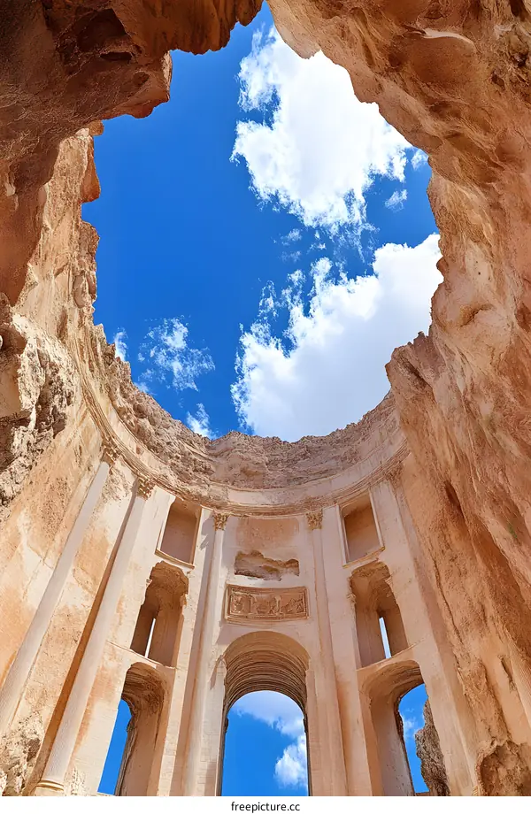 Ruined Ancient Structure With Blue Sky View