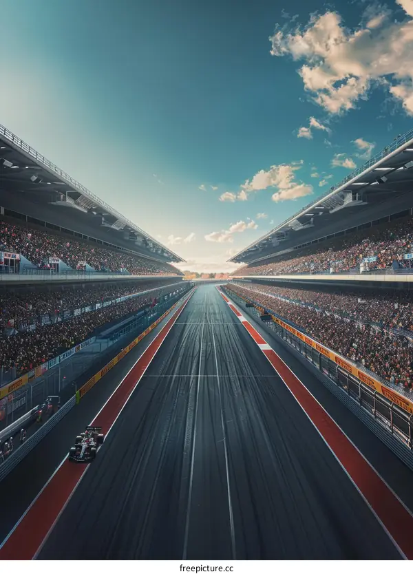 Formula One car racing down a track with观众席on either side