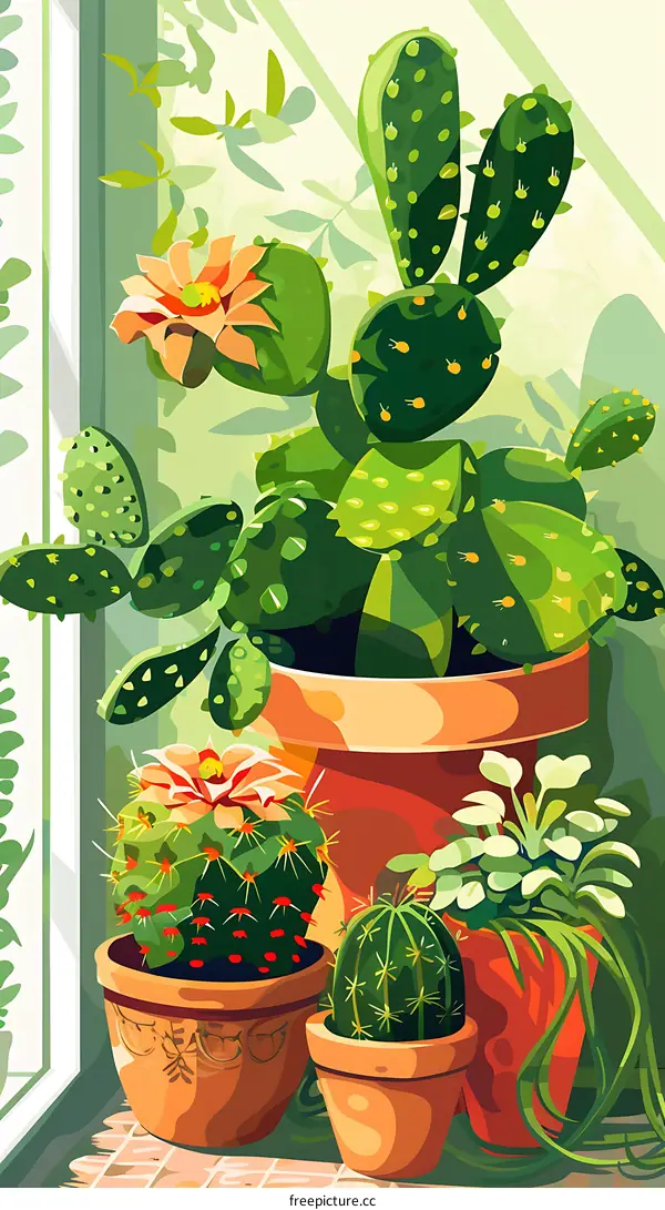 Cactus Plants in Pots by Window Illustration