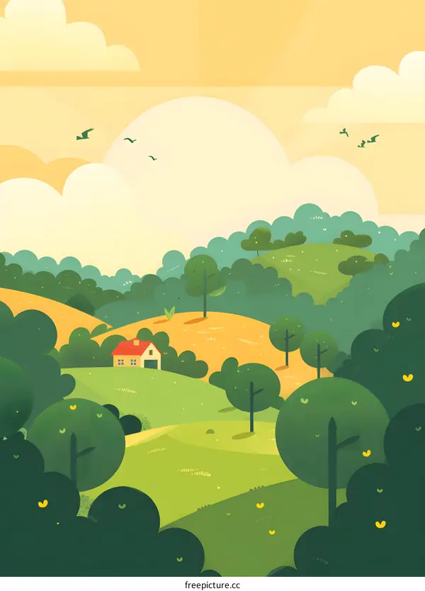 Green Hills and Little House Landscape Illustration