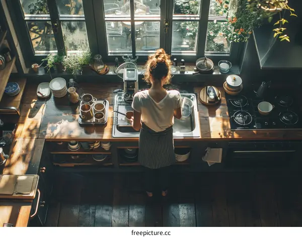 A woman is washing dishes in a kitchen.