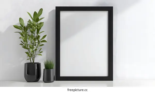 Black Frame Mockup With Plants On White Wall