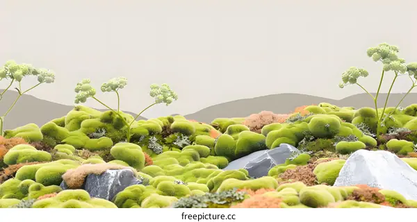 Green Moss Landscape with Hills in the Background