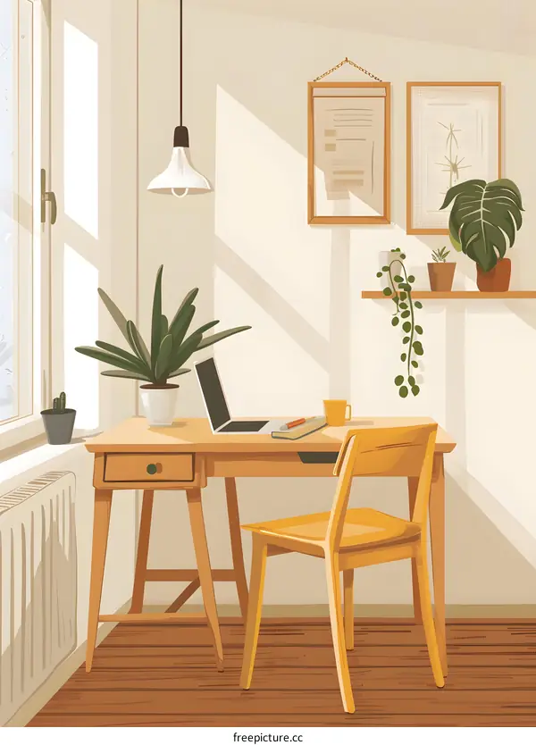 Cozy Home Office with Desk, Chair and Plants Illustration