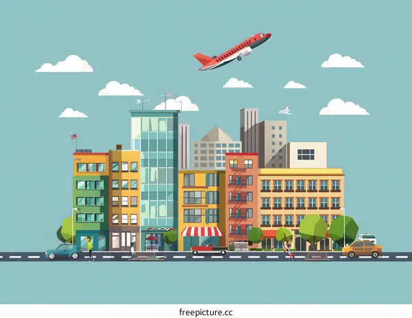 Flat Cityscape Illustration with Buildings, Cars, and People Walking on Sidewalk