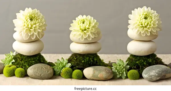 Zen Stones with White Flowers and Green Moss