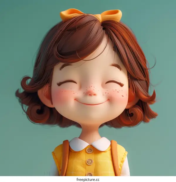 A cute cartoon girl with brown hair and freckles