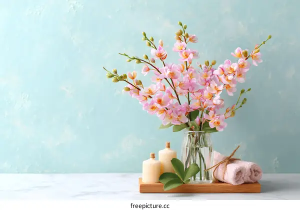 Pink Orchid Arrangement on Light Teal Background