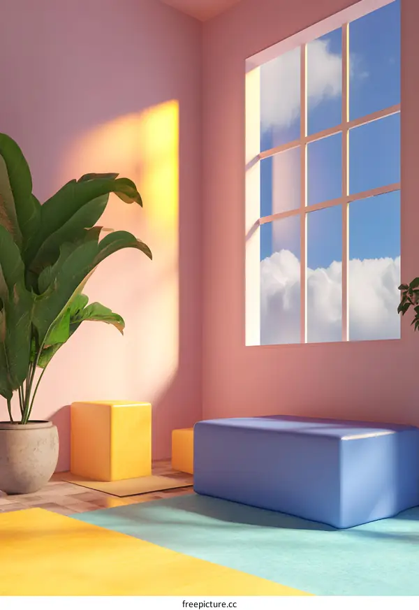 Minimalist Room Interior Design with Yellow and Blue Furniture