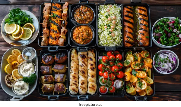 A variety of delicious grilled skewers, salads, and side dishes are arranged on a wooden table.