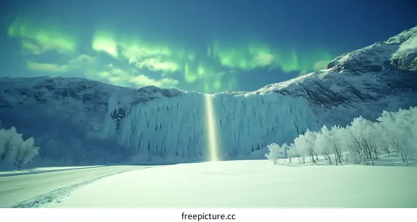 Frozen Waterfall Under the Aurora Borealis