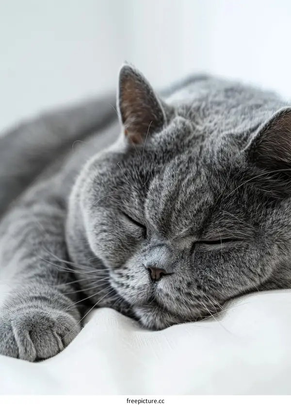 A gray British shorthair cat is sleeping on a white blanket.