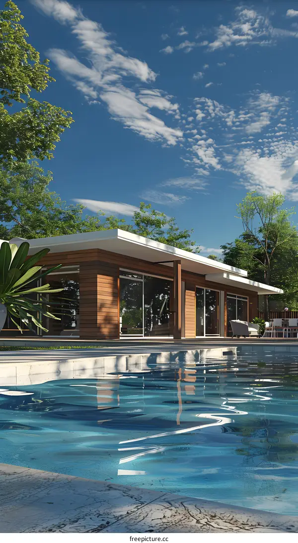 Modern Minimalist House With Swimming Pool And Blue Sky