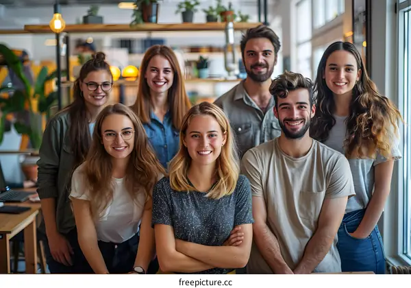 portrait of a group of young professionals smiling and posing in an office