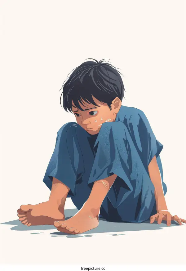 Little boy with black hair sitting on the ground with his feet bare