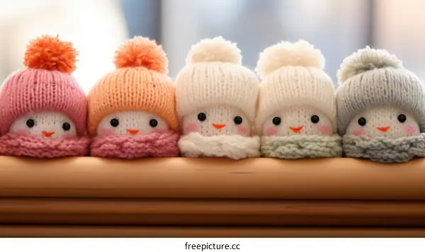 Five Adorable Knitted Snowmen in a Row