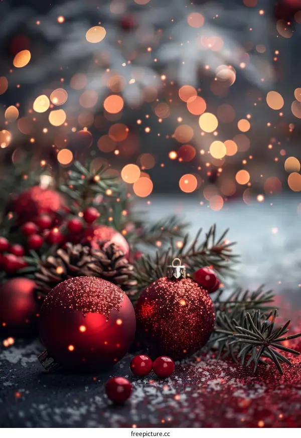 Red and silver Christmas ornaments with blurred lights in the background