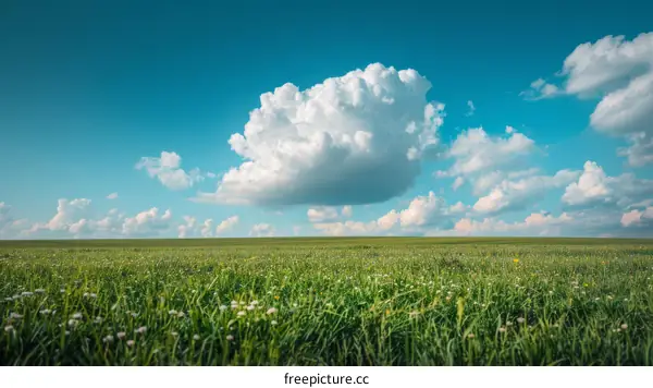 Green field with white cloudscape