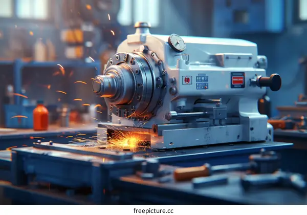 Industrial machinery processes metal with sparks flying