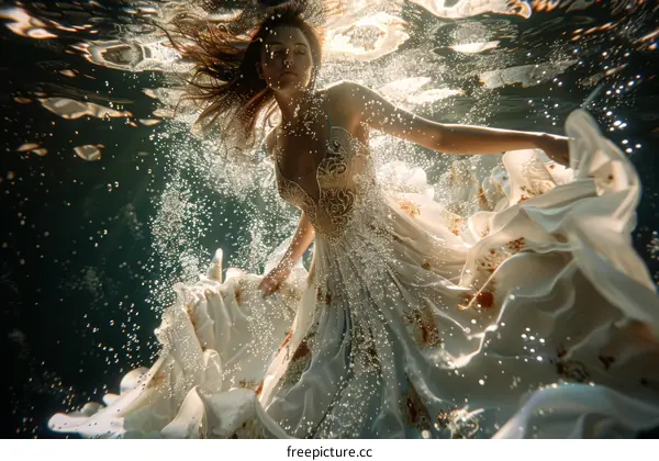 Ethereal Underwater Fashion Portrait of Woman in White Dress