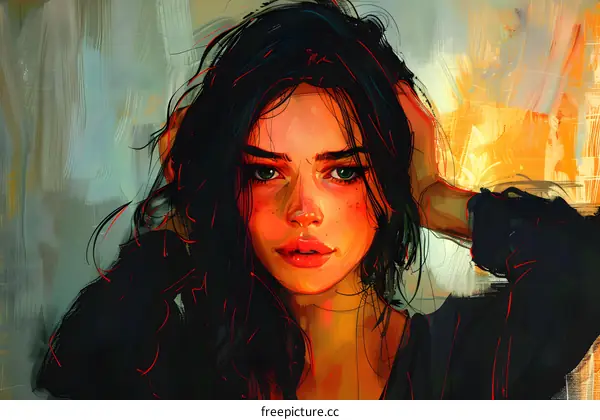 Portrait of a Young Woman with Black Hair and Green Eyes