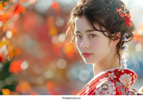 Portrait of a beautiful Japanese woman in traditional kimono