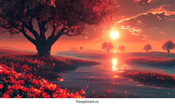 Crimson Sunset Over a Flower Field