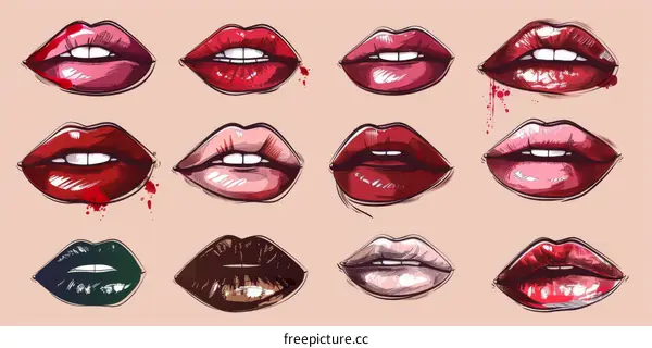A Set of Vector Lips with Different Shades of Lipstick