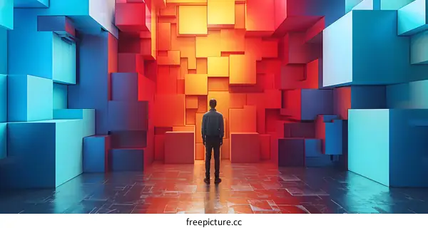 A man standing in a colorful 3D maze