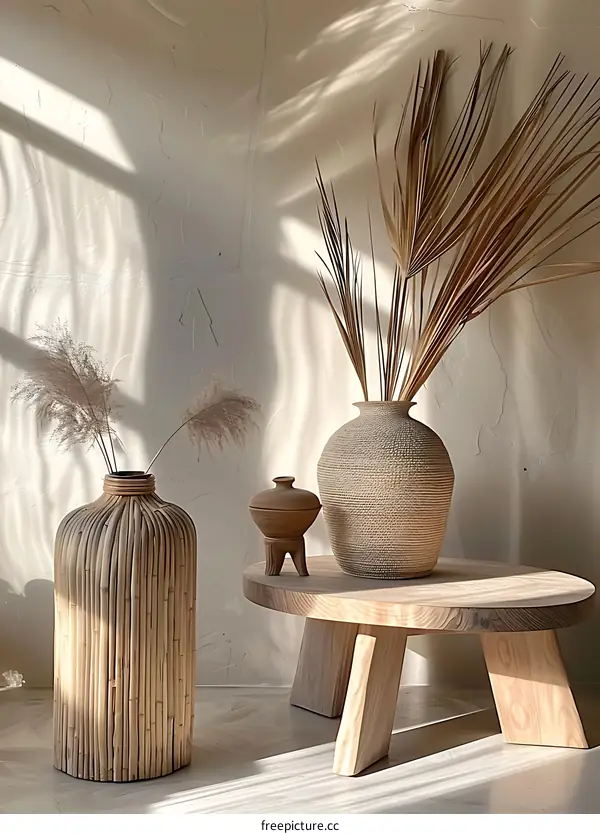 Natural Woven Vases and Wooden Table Decor