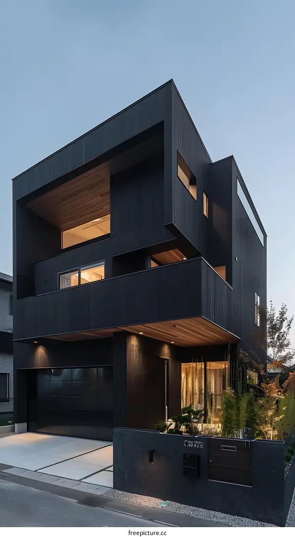 Modern Black Wooden House with Garage and Landscaping