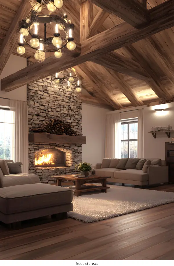 Cozy Living Room with Fireplace and Wooden Beams
