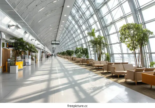 Modern Airport Terminal with People and Plants