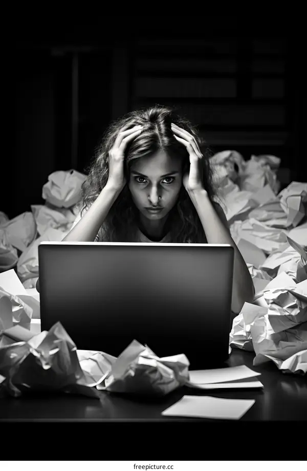 Woman Stressed Surrounded by Papers at Work