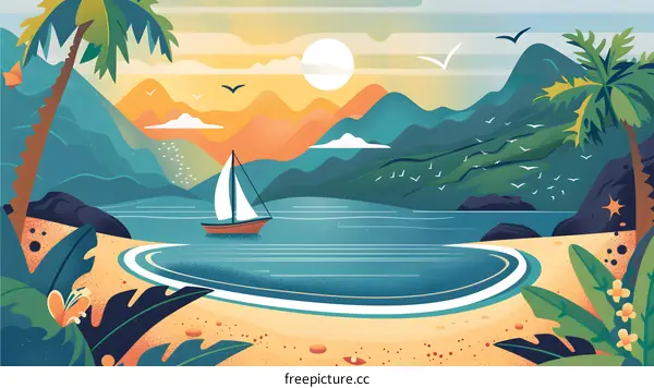 Tropical Beach with Palm Trees and Sailboat at Sunset