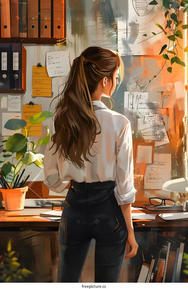 Woman Standing at Desk in Office with Back Turned