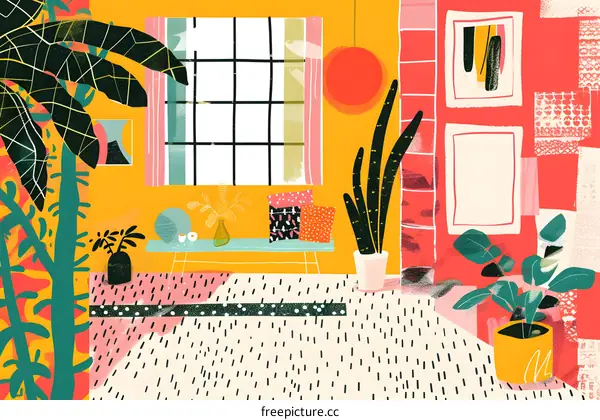 Abstract Art Illustration of a Room with Plants and a Window
