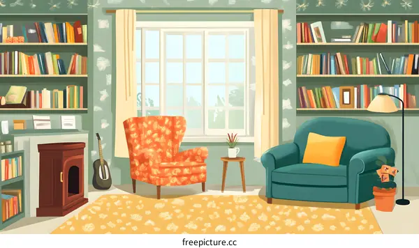 Cozy Living Room with Bookshelves and Armchairs