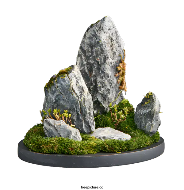 [Transparent Background PNG]Miniature Mountain Scene with Green Moss and Gray Rocks